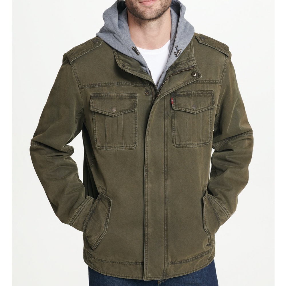 EUC Levi’s Sherpa Lined Two Pocket Hooded Trucker Military Jacket Olive Med